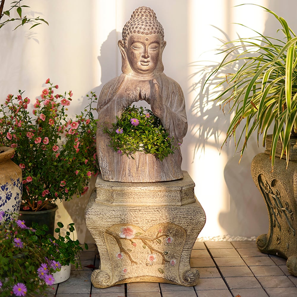 HMR - 20.9" Garden Buddha Statue Outdoor Resin Sculpture Decor Art With Flower Pot Planter