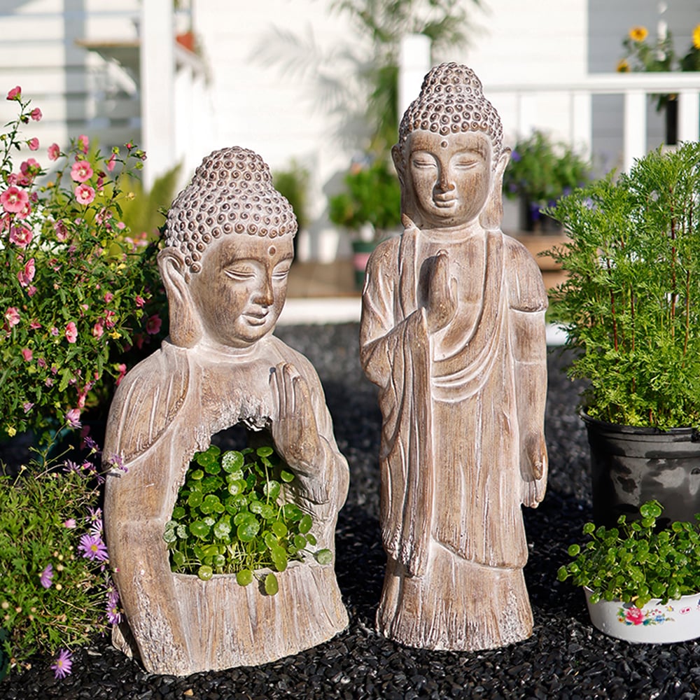 HMR - 20.9" Garden Buddha Statue Outdoor Resin Sculpture Decor Art With Flower Pot Planter