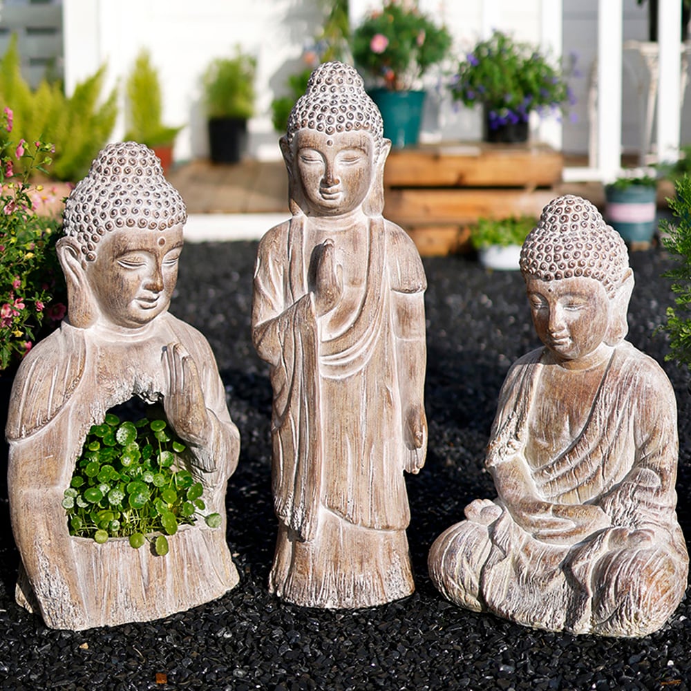 HMR - 20.9" Garden Buddha Statue Outdoor Resin Sculpture Decor Art With Flower Pot Planter