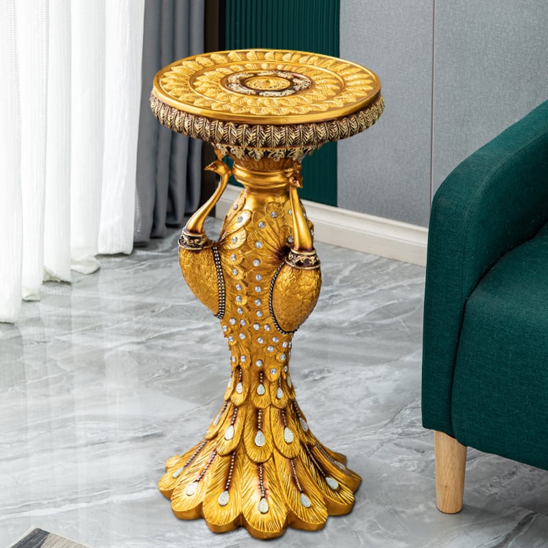 HMR - 27.2" Tall European Vintage Gold Pedestal Plant Stand Peacock Side Table Resin Sculpture