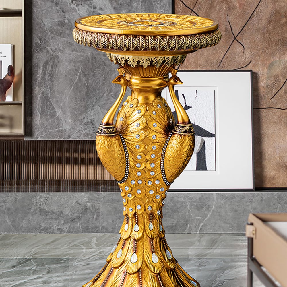 HMR - 27.2" Tall European Vintage Gold Pedestal Plant Stand Peacock Side Table Resin Sculpture