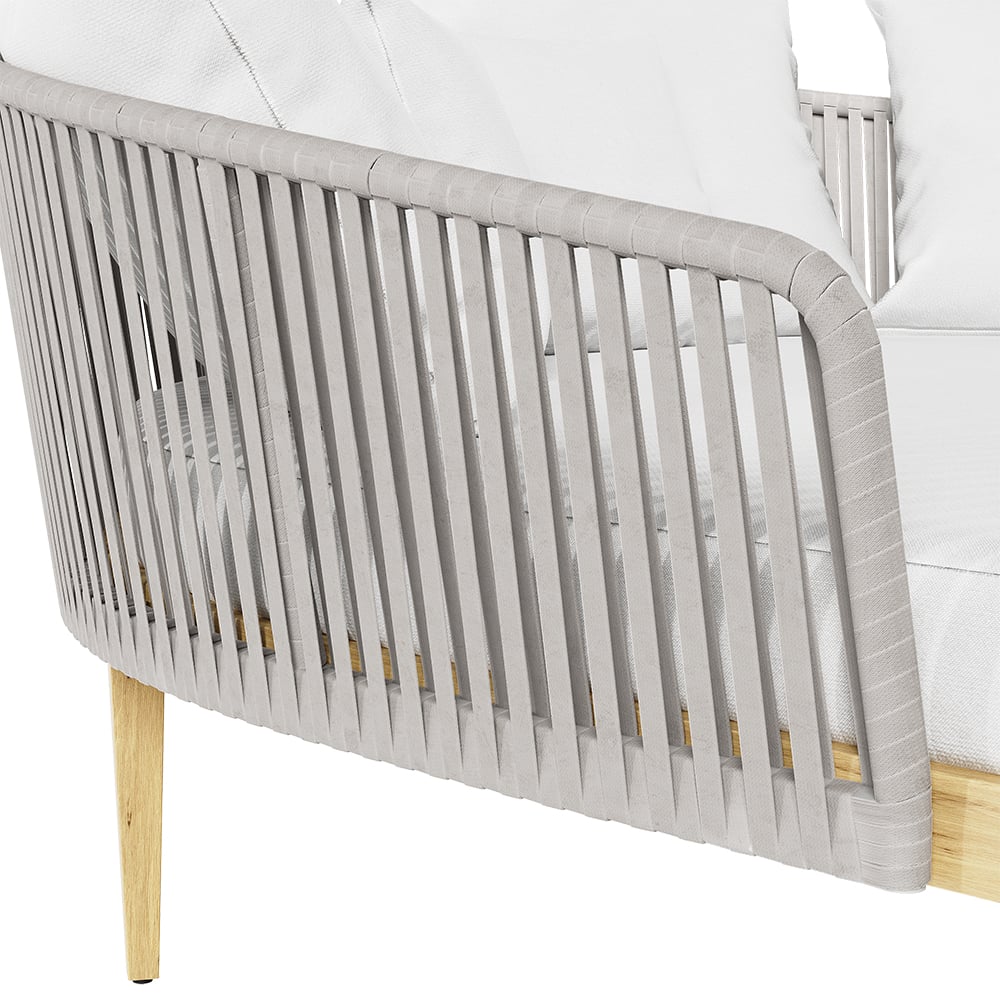 HMR Modern Style Rattan & Metal Outdoor Patio Daybed with Cushion Pillow - White & Gray
