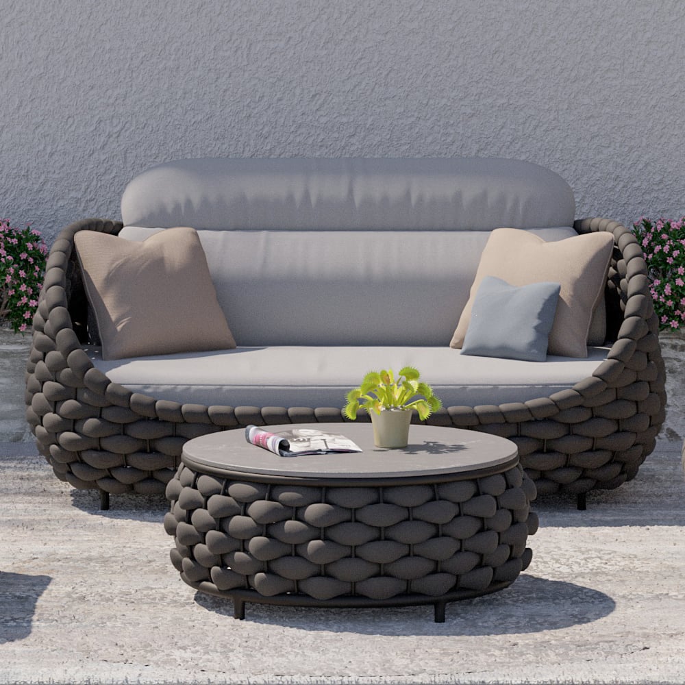 HMR - Woven Outdoor Sofa Patio Couch Cushion & Pillow Included