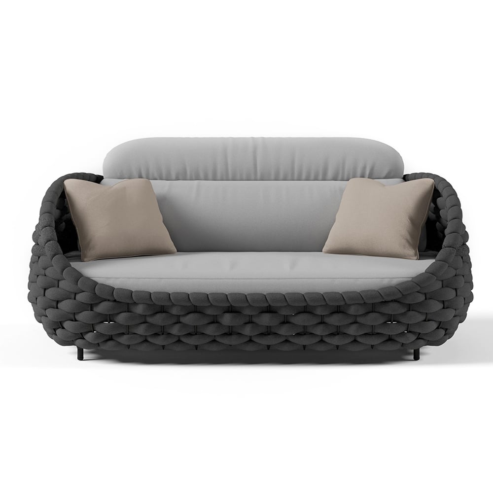 HMR Woven Outdoor Sofa Patio Couch Cushion & Pillow Included - Gray & Black, 2-Seater