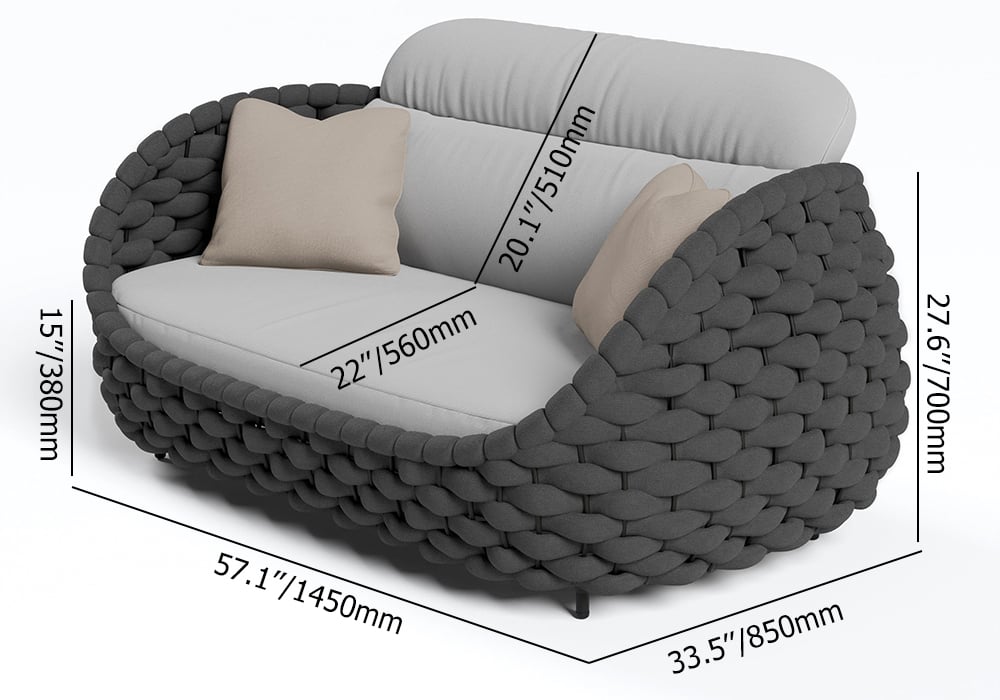 HMR Woven Outdoor Sofa Patio Couch Cushion & Pillow Included - Gray & Black, 2-Seater