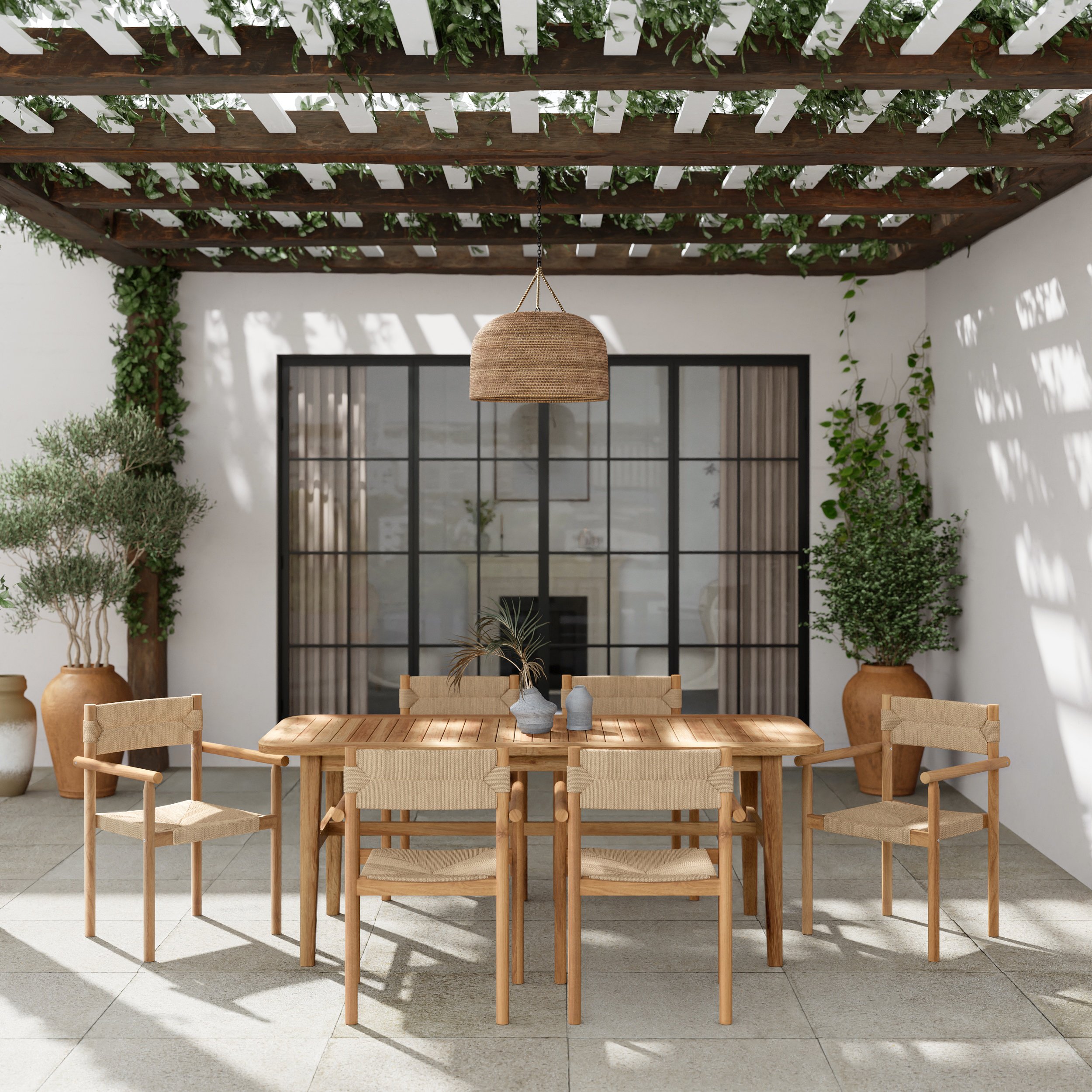 HMR - Natural Teak Wood Woven Natural Jute Outdoor Dining Chair