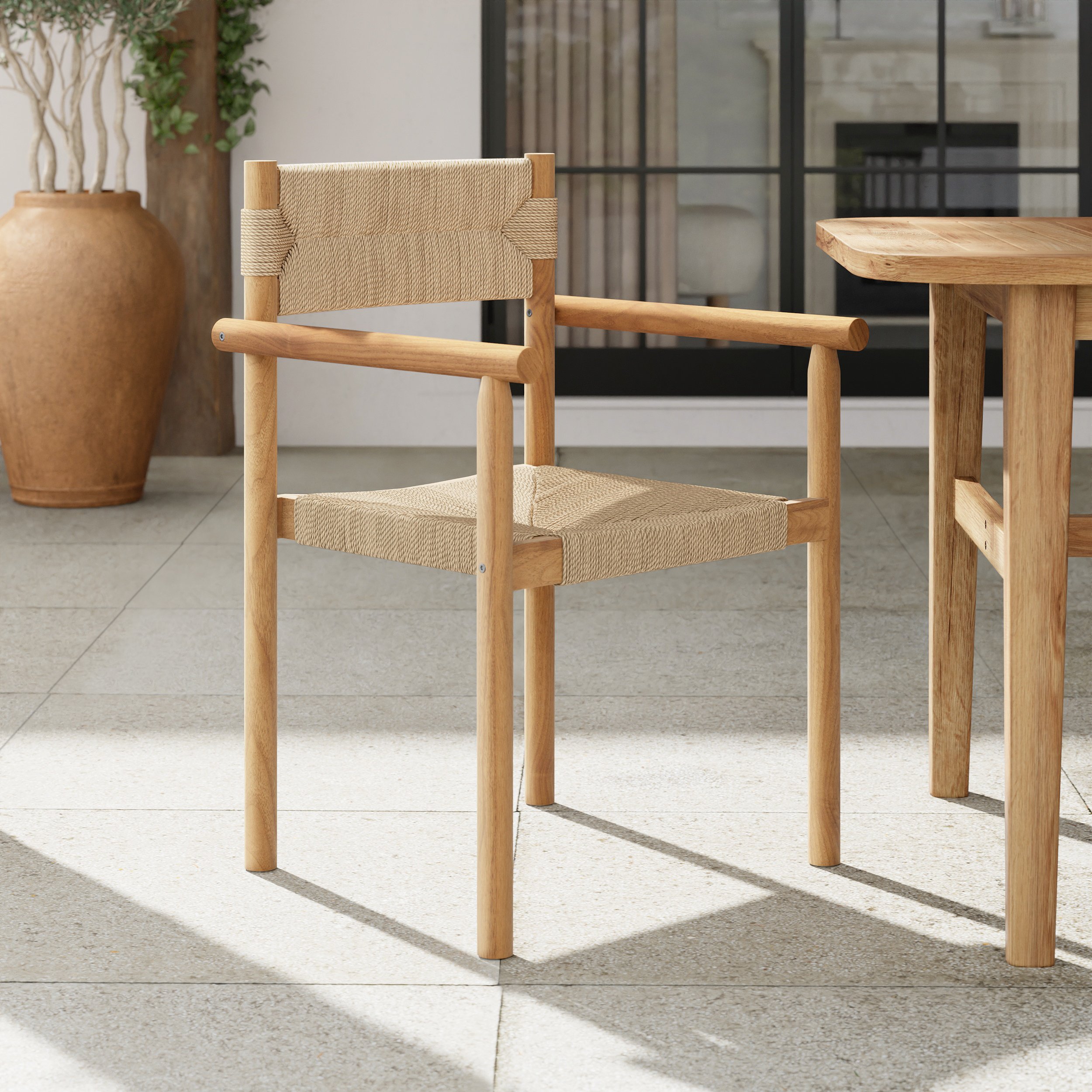 HMR - Natural Teak Wood Woven Natural Jute Outdoor Dining Chair