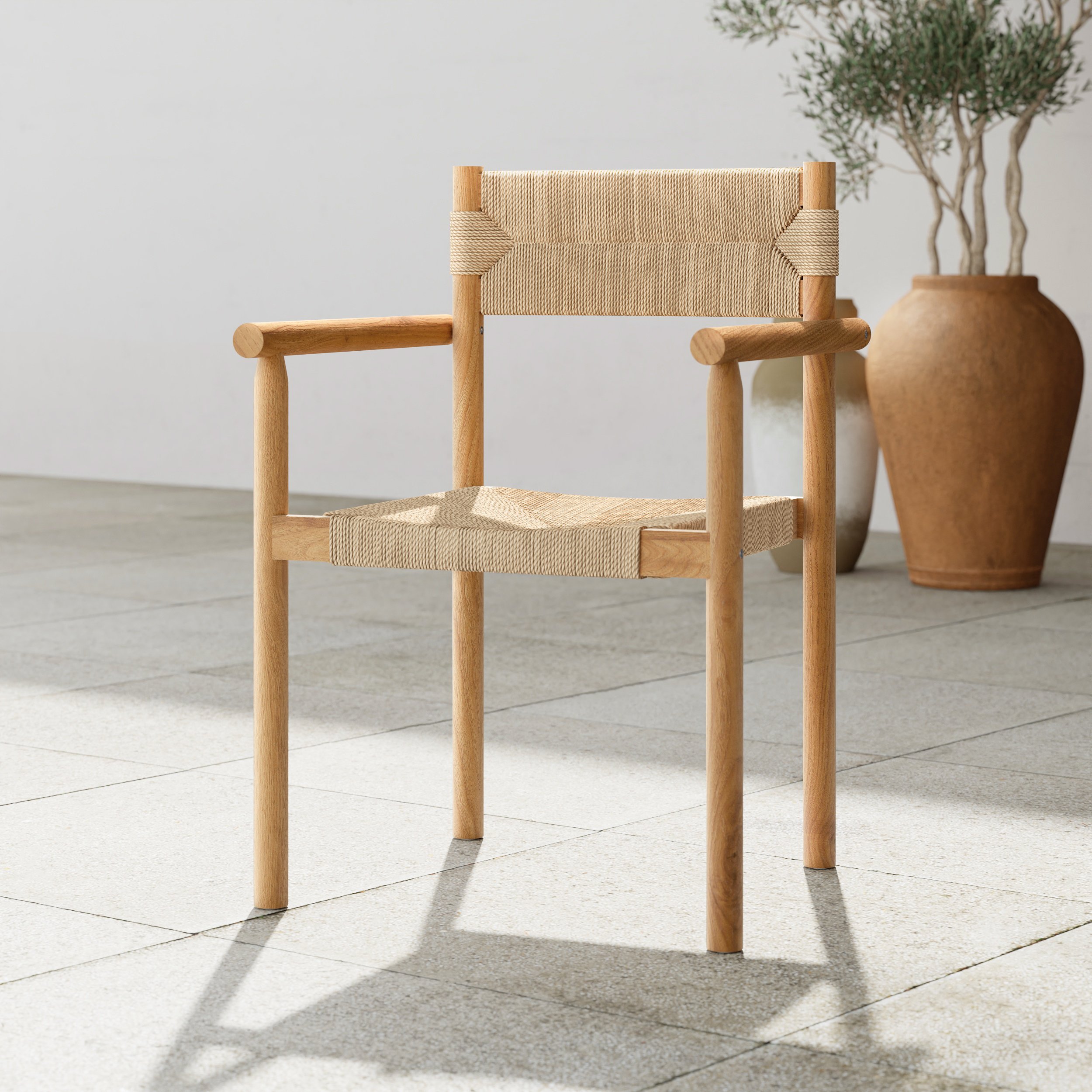 HMR - Natural Teak Wood Woven Natural Jute Outdoor Dining Chair