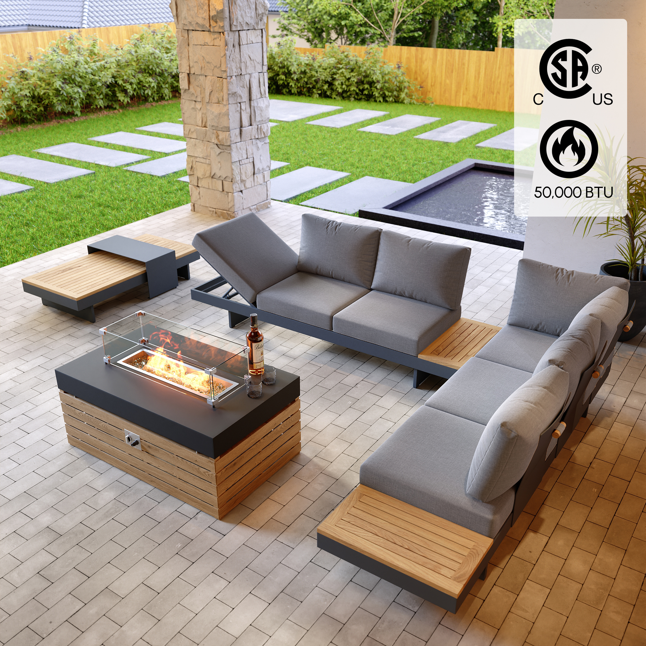 HMR 7-Pieces Modular Teak Outdoor Sofa Set with Smokeless Fire Pit for 6 Person - Gray