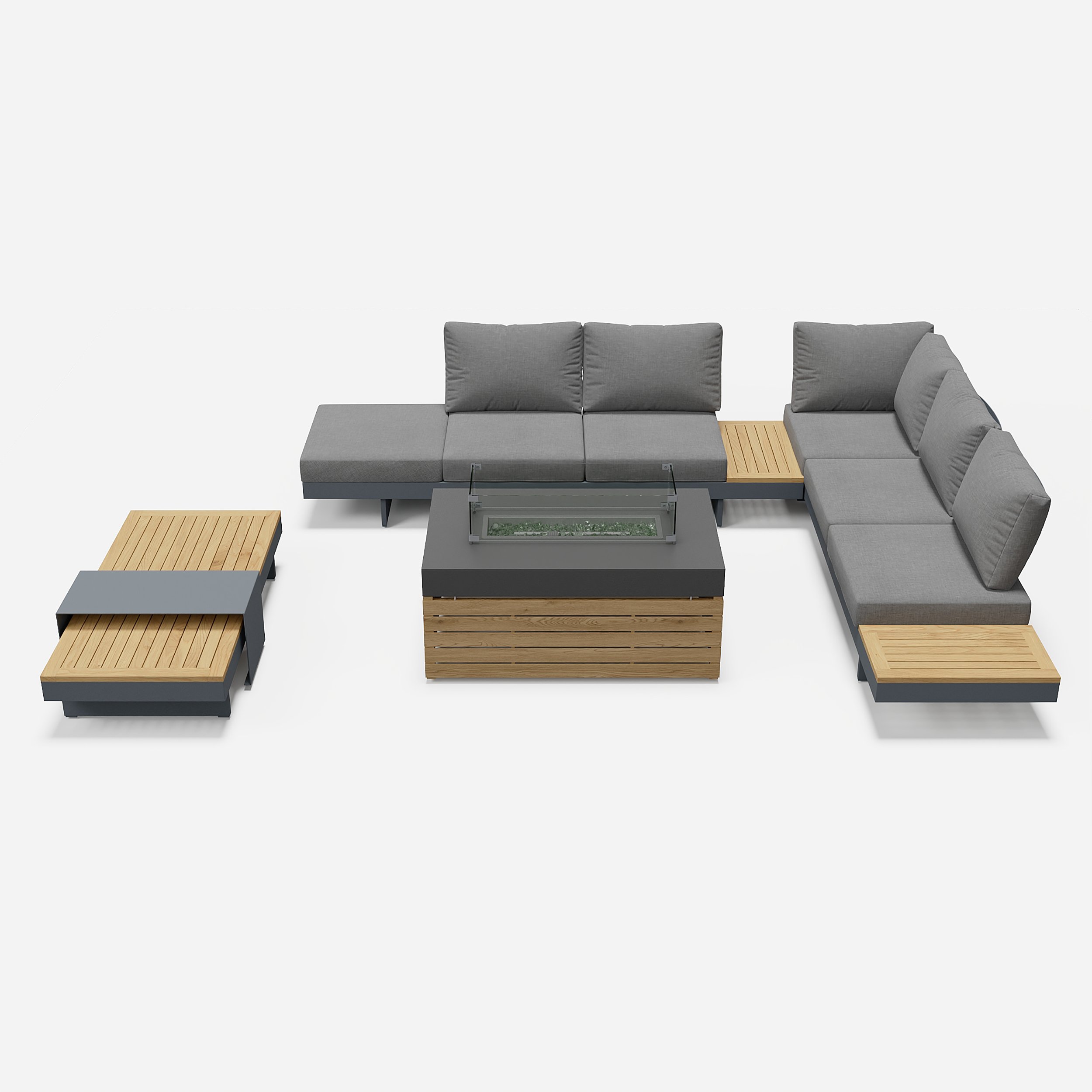 HMR 7-Pieces Modular Teak Outdoor Sofa Set with Smokeless Fire Pit for 6 Person - Gray
