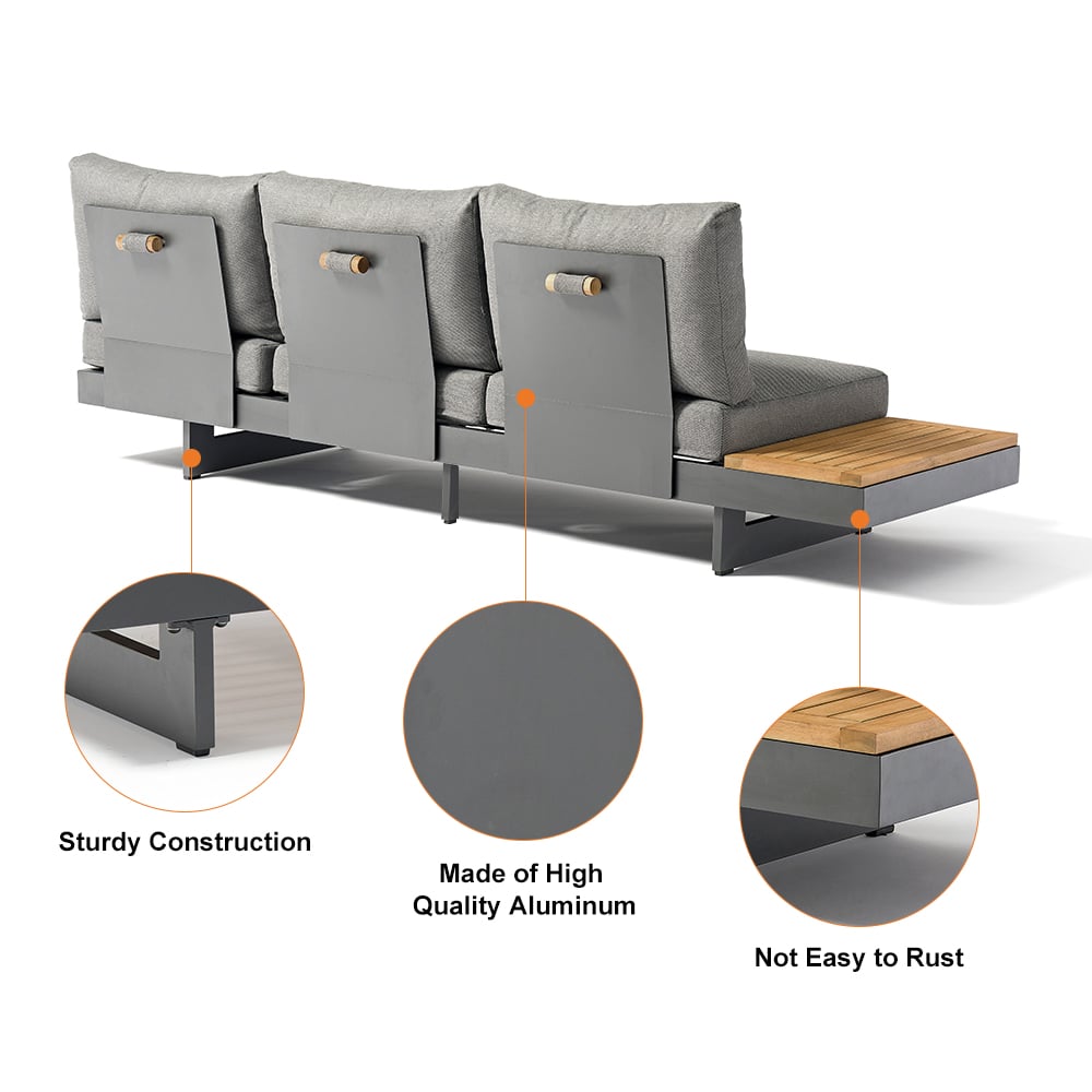 HMR 7-Pieces Modular Teak Outdoor Sofa Set with Smokeless Fire Pit for 6 Person - Gray