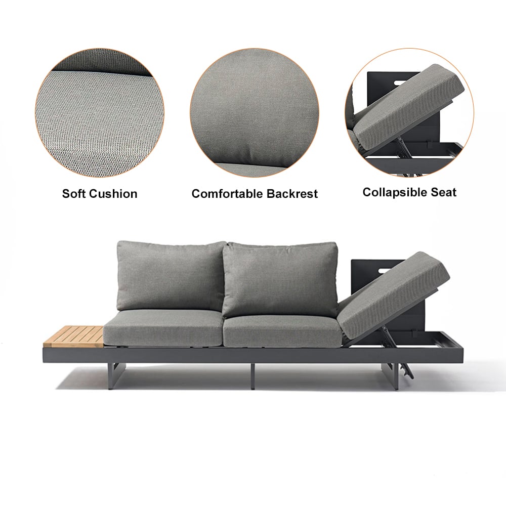 HMR 7-Pieces Modular Teak Outdoor Sofa Set with Smokeless Fire Pit for 6 Person - Gray