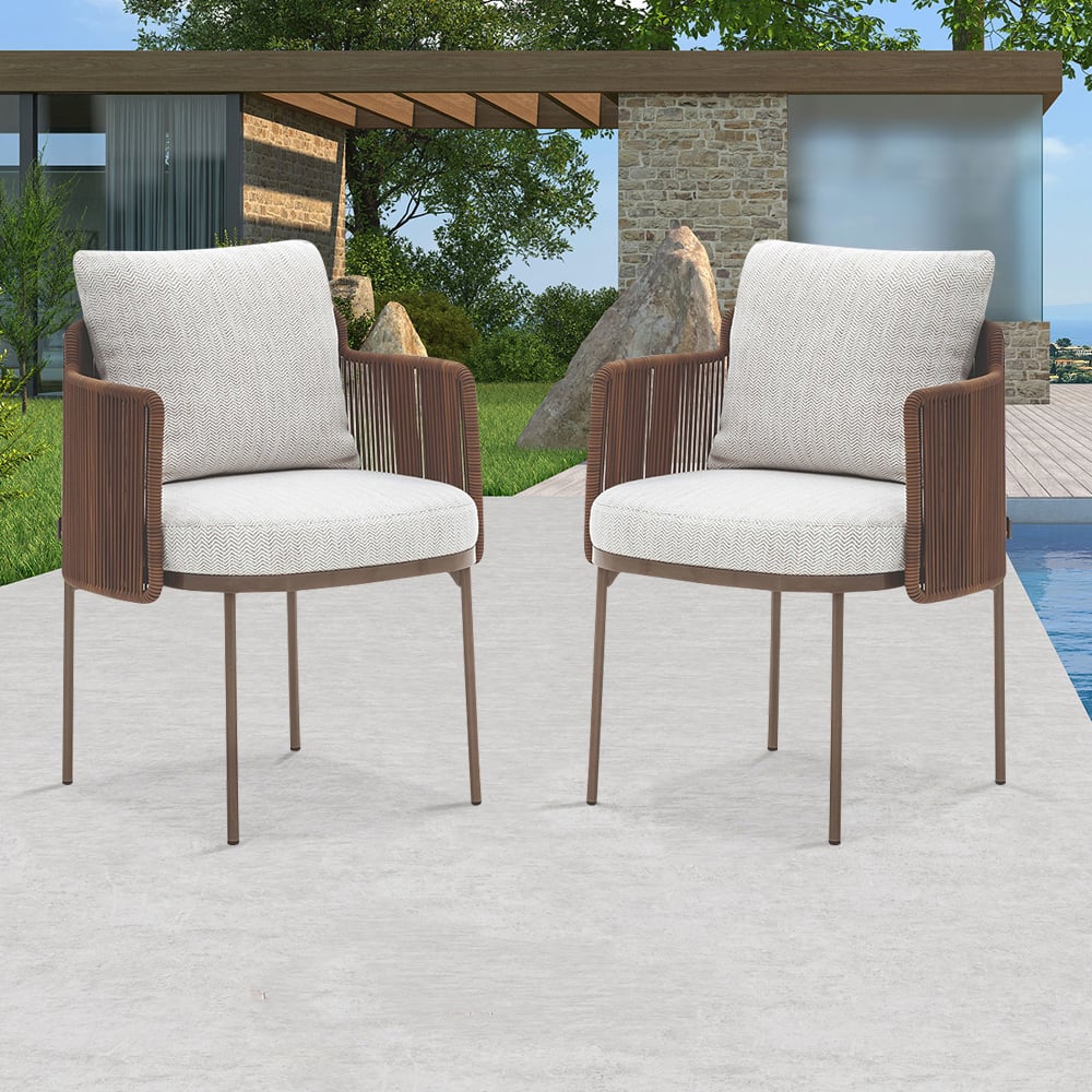 HMR - 2-Pieces Modern Aluminum & Rattan Outdoor Patio Dining Chair Beige & Brown Armchair Set