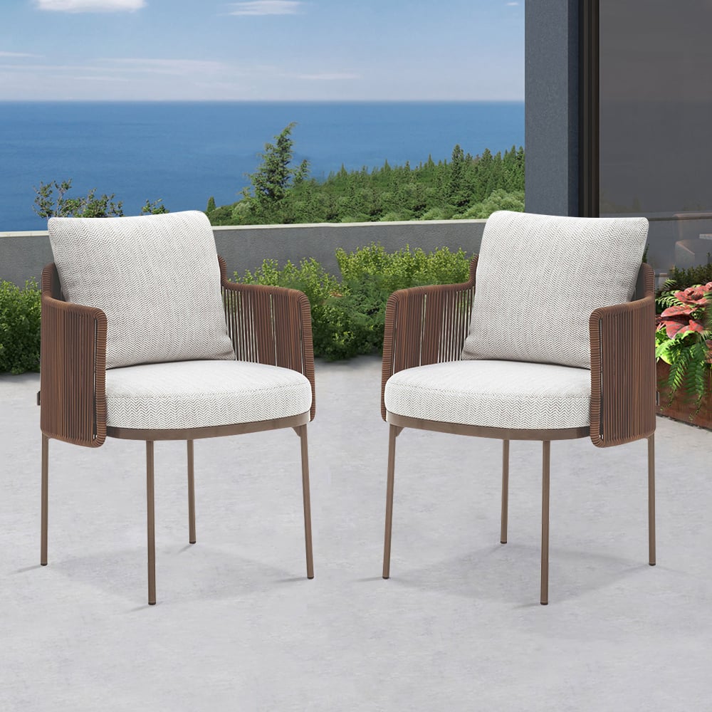 HMR - 2-Pieces Modern Aluminum & Rattan Outdoor Patio Dining Chair Beige & Brown Armchair Set
