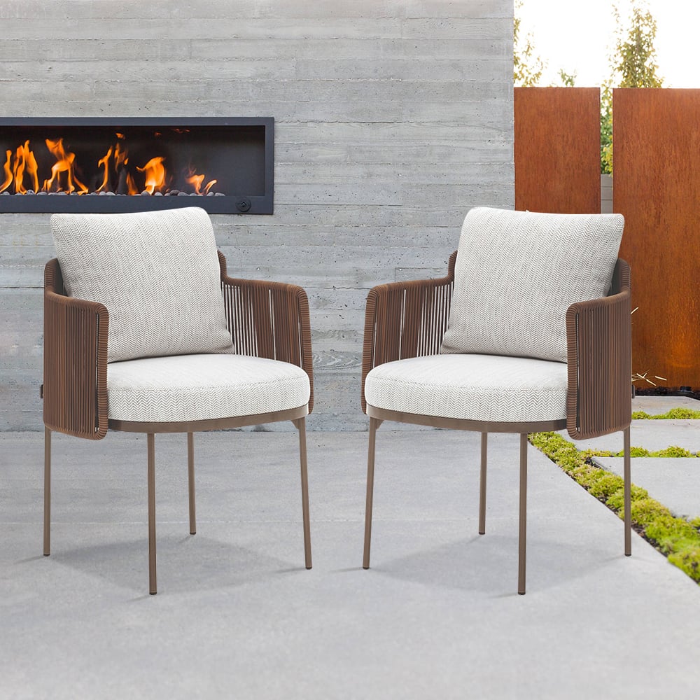 HMR - 2-Pieces Modern Aluminum & Rattan Outdoor Patio Dining Chair Beige & Brown Armchair Set