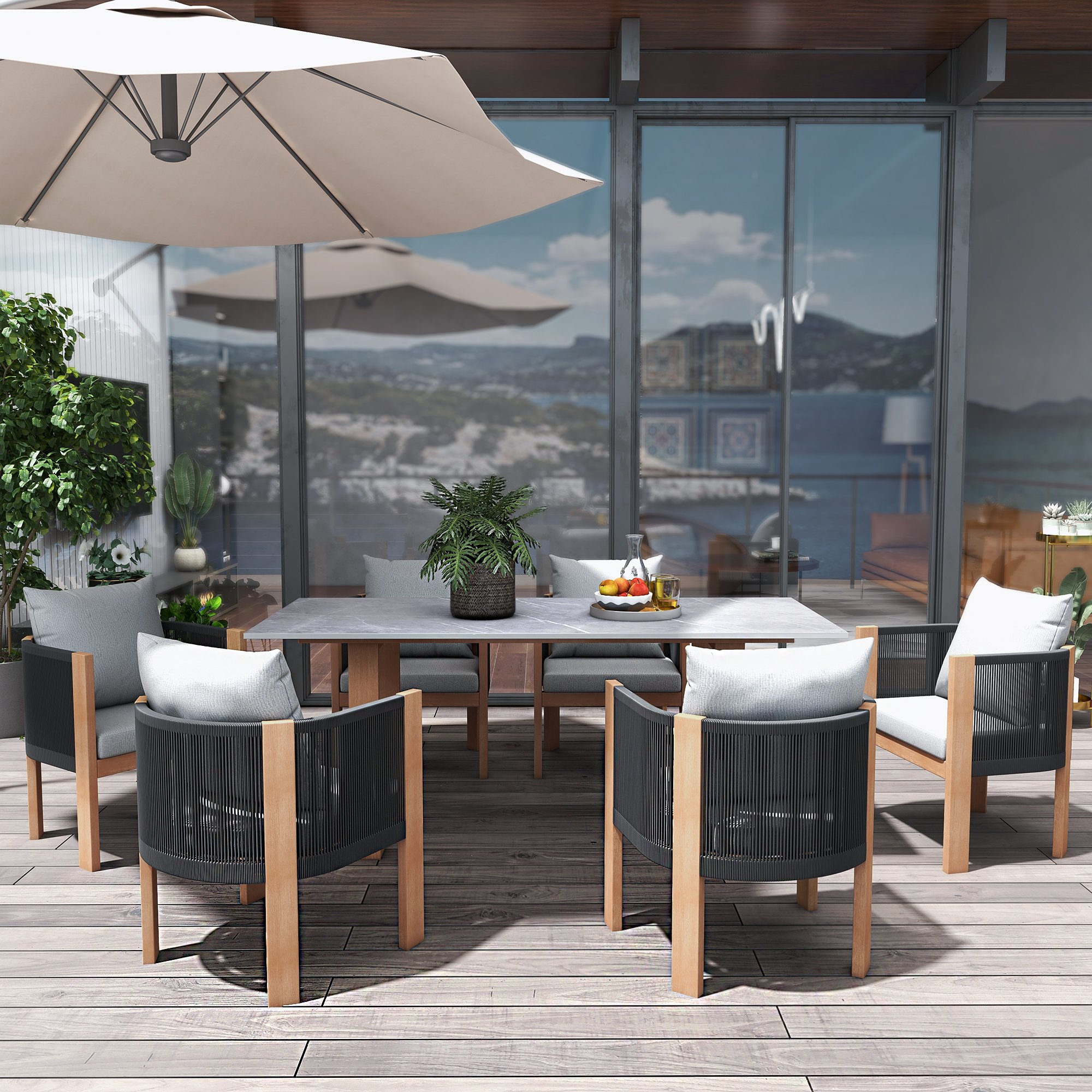 HMR - 7-Pieces Faux Marble Outdoor Dining Set with Woven Rope Chairs for 6 Person (70.9")