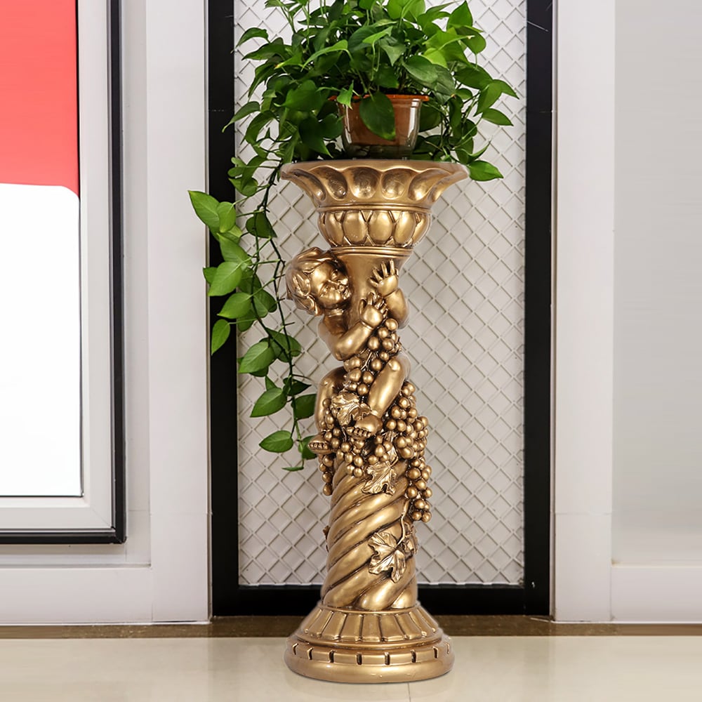 HMR - 30.9" Large Tall Vintage Angel Boy Round Pedestal Plant Stand Indoor Decor in Gold