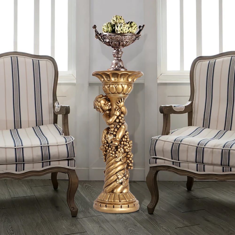 HMR - 30.9" Large Tall Vintage Angel Boy Round Pedestal Plant Stand Indoor Decor in Gold