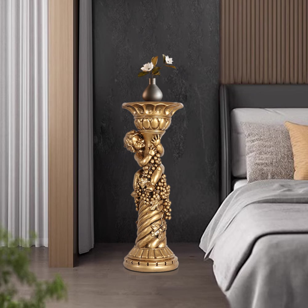 HMR - 30.9" Large Tall Vintage Angel Boy Round Pedestal Plant Stand Indoor Decor in Gold