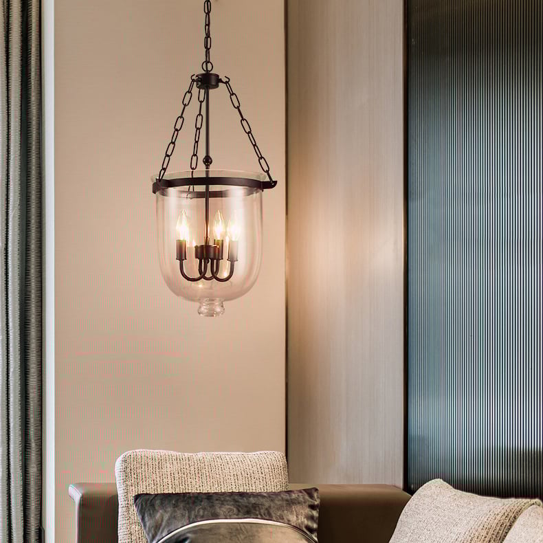 HMR - Rustic Clear Glass Shade Pendant Light with 3 Candle Lights in Black
