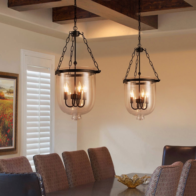 HMR - Rustic Clear Glass Shade Pendant Light with 3 Candle Lights in Black