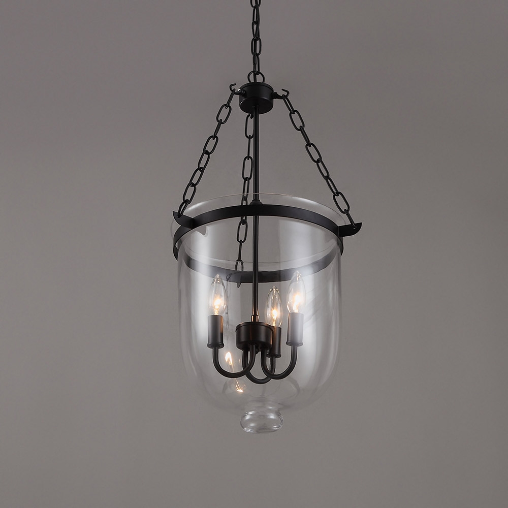 HMR - Rustic Clear Glass Shade Pendant Light with 3 Candle Lights in Black