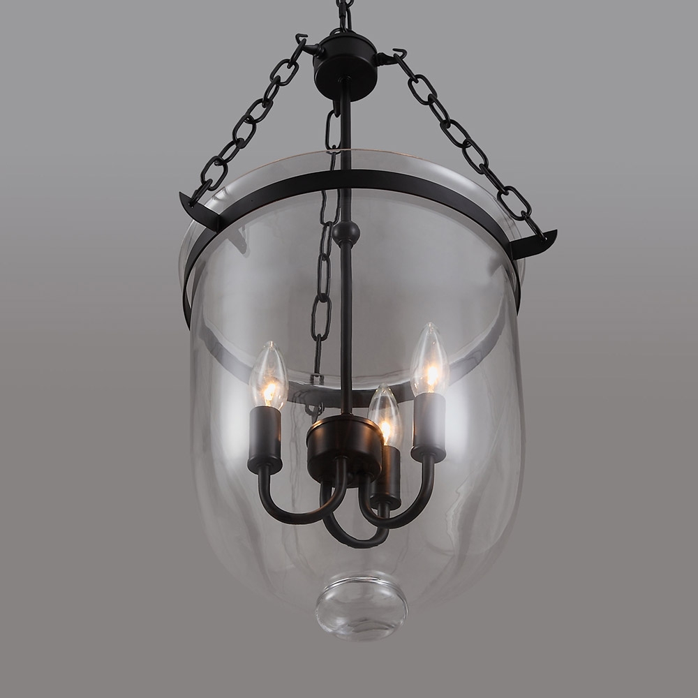 HMR - Rustic Clear Glass Shade Pendant Light with 3 Candle Lights in Black