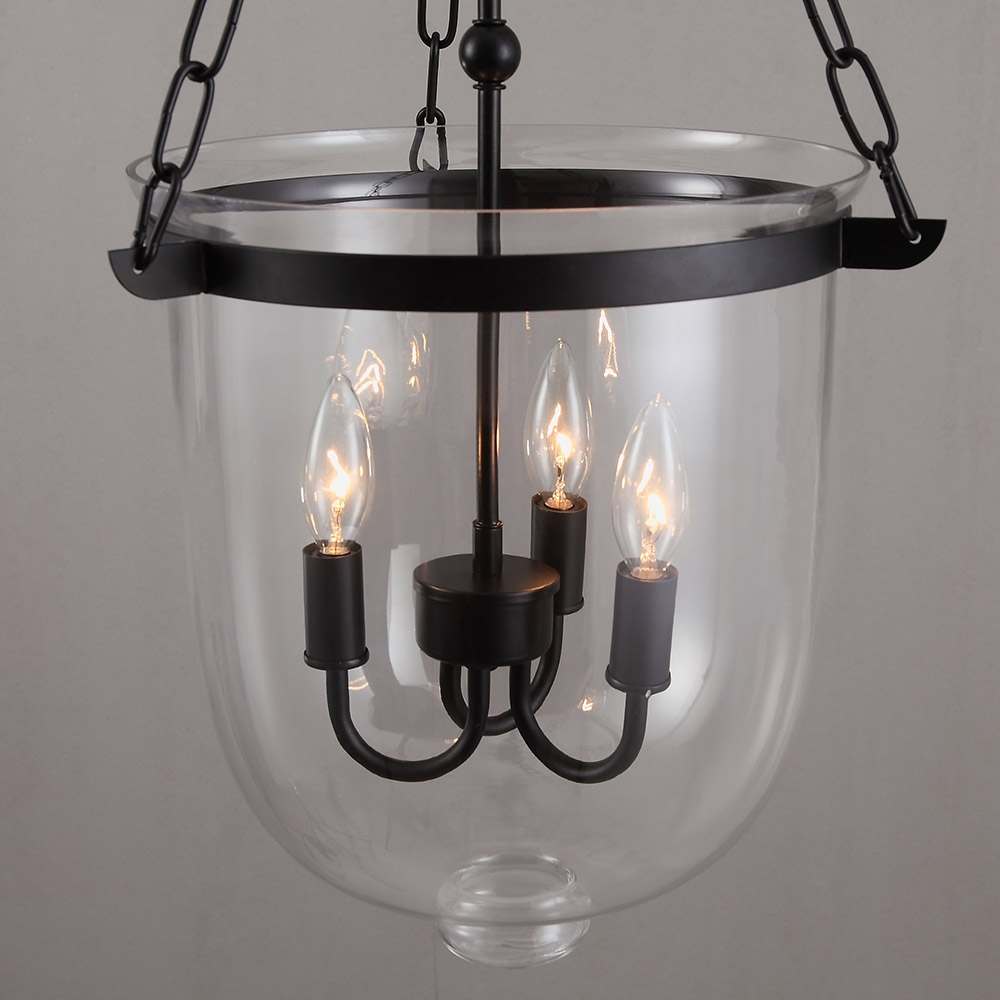 HMR - Rustic Clear Glass Shade Pendant Light with 3 Candle Lights in Black