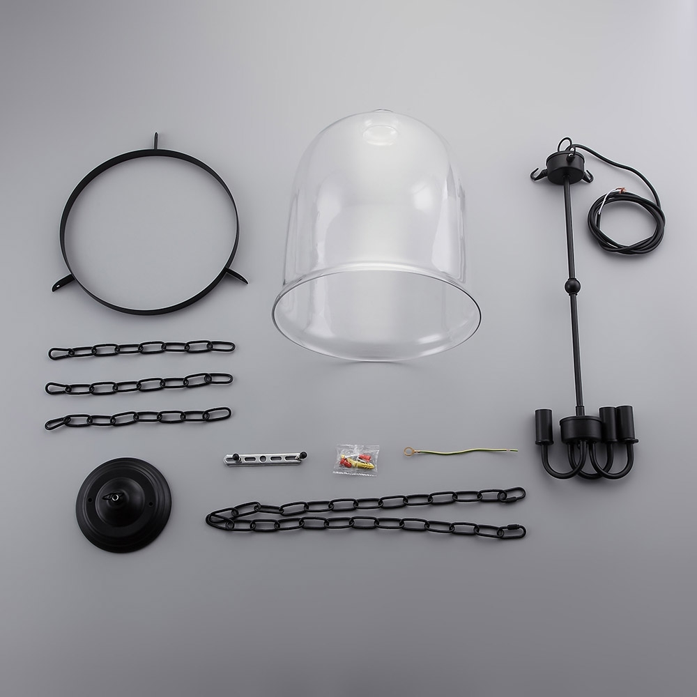 HMR - Rustic Clear Glass Shade Pendant Light with 3 Candle Lights in Black