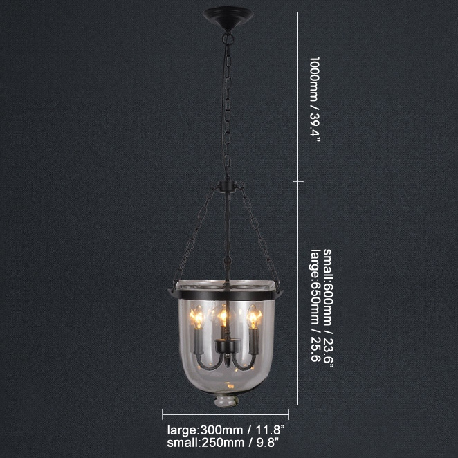 HMR - Rustic Clear Glass Shade Pendant Light with 3 Candle Lights in Black