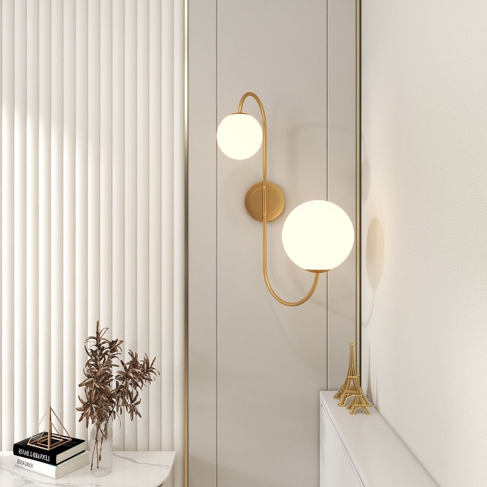 HMR - Wall Sconce Globe with Shade 2-Light in Aged Brass, White, Glass