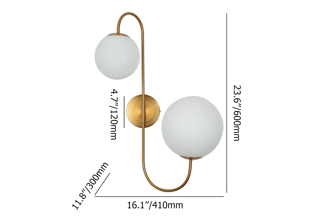 HMR - Wall Sconce Globe with Shade 2-Light in Aged Brass, White, Glass
