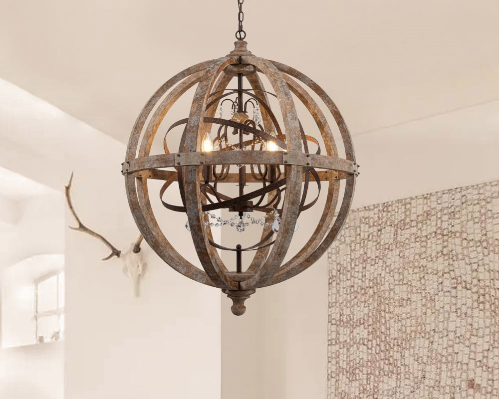 HMR Retro Globe Weathered 5-Light Chandelier with Crystal Accents - Rust, Large