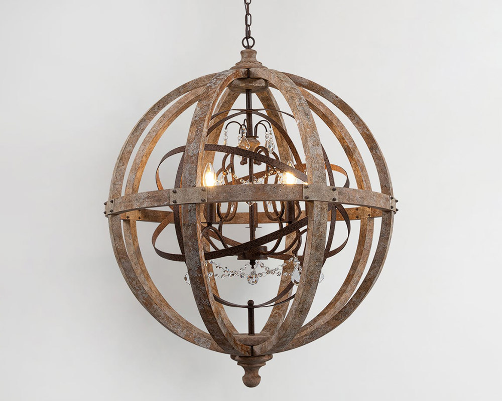 HMR Retro Globe Weathered 5-Light Chandelier with Crystal Accents - Rust, Large