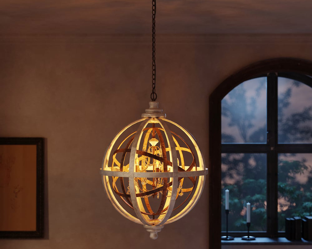 HMR Retro Globe Weathered 5-Light Chandelier with Crystal Accents - Rust, Small