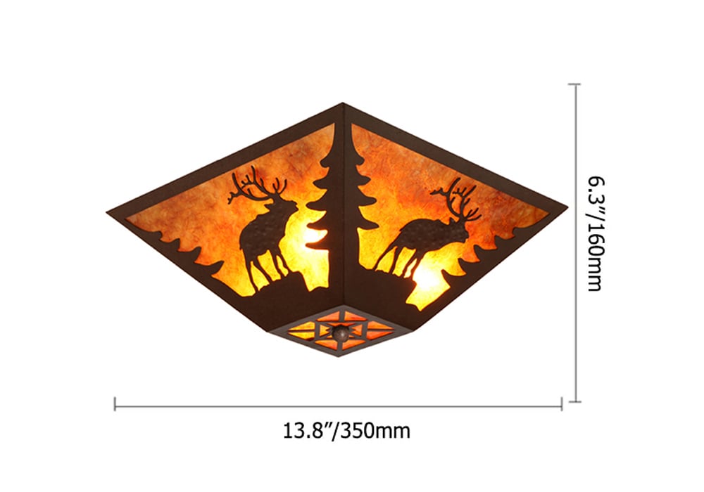 HMR - 3-Light Square Flush Mount Ceiling Light in Amber, Mica and Rust Metal