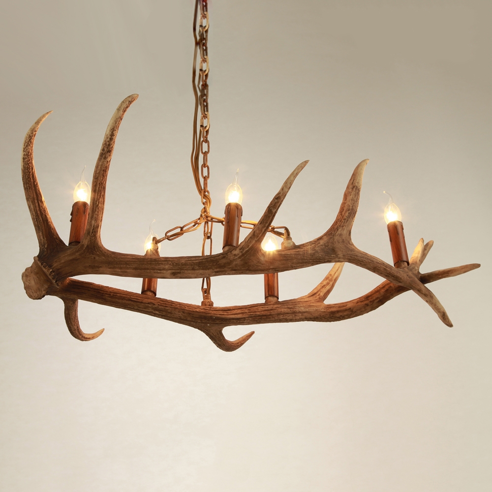 HMR - Rustic Faux Deer Antler Island Pool Table Pendant Light with 5 Candle Lights in Resin