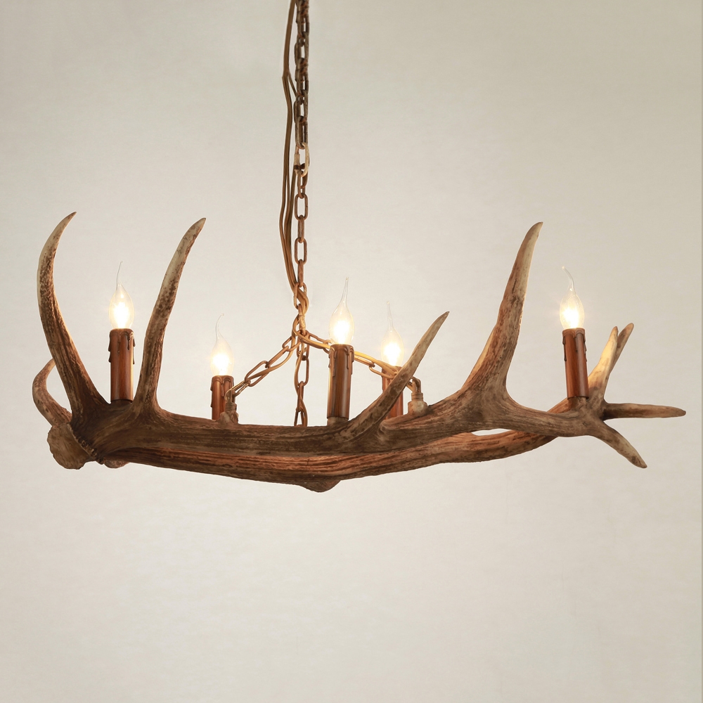 HMR - Rustic Faux Deer Antler Island Pool Table Pendant Light with 5 Candle Lights in Resin