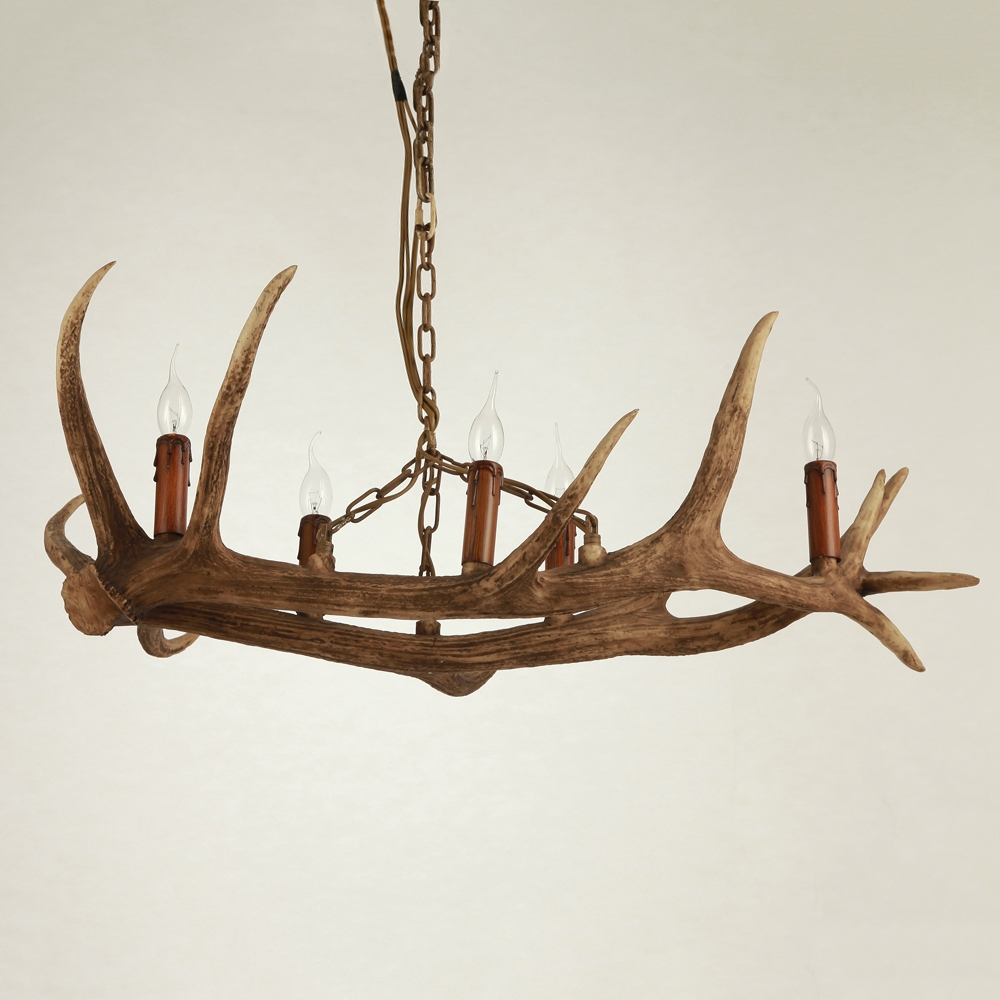 HMR - Rustic Faux Deer Antler Island Pool Table Pendant Light with 5 Candle Lights in Resin