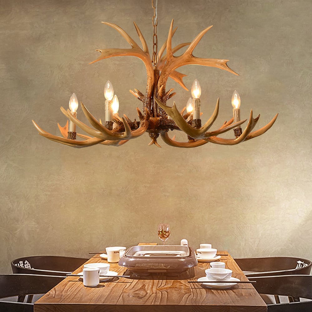 HMR - Vintage Resin Deer Horn Antler 6-Light Large Rustic Ceiling Chandelier in Gold