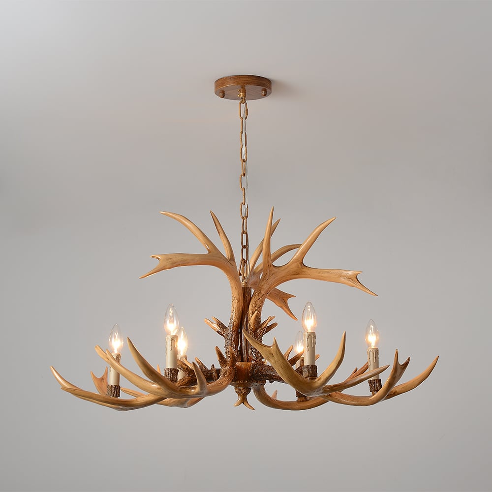 HMR - Vintage Resin Deer Horn Antler 6-Light Large Rustic Ceiling Chandelier in Gold