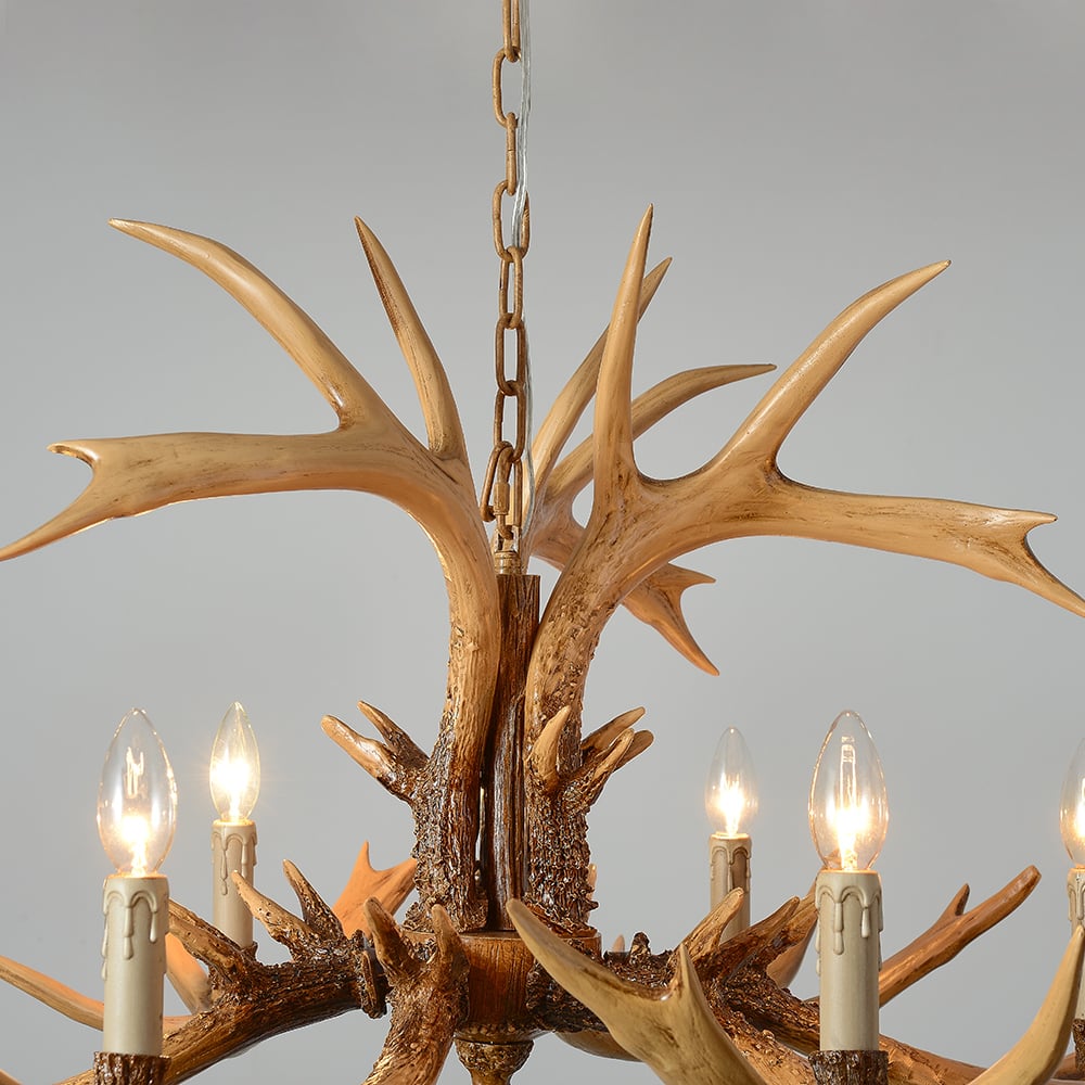 HMR - Vintage Resin Deer Horn Antler 6-Light Large Rustic Ceiling Chandelier in Gold
