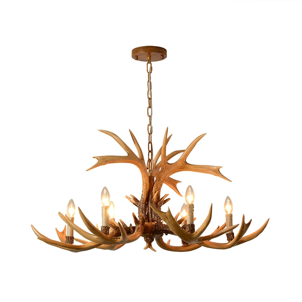 HMR - Vintage Resin Deer Horn Antler 6-Light Large Rustic Ceiling Chandelier in Gold
