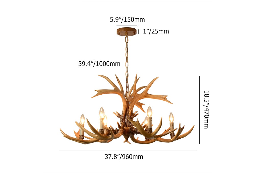 HMR - Vintage Resin Deer Horn Antler 6-Light Large Rustic Ceiling Chandelier in Gold