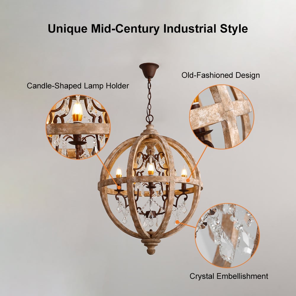 HMR - Rustic 5-Light Globe Ceiling Chandelier in Gold