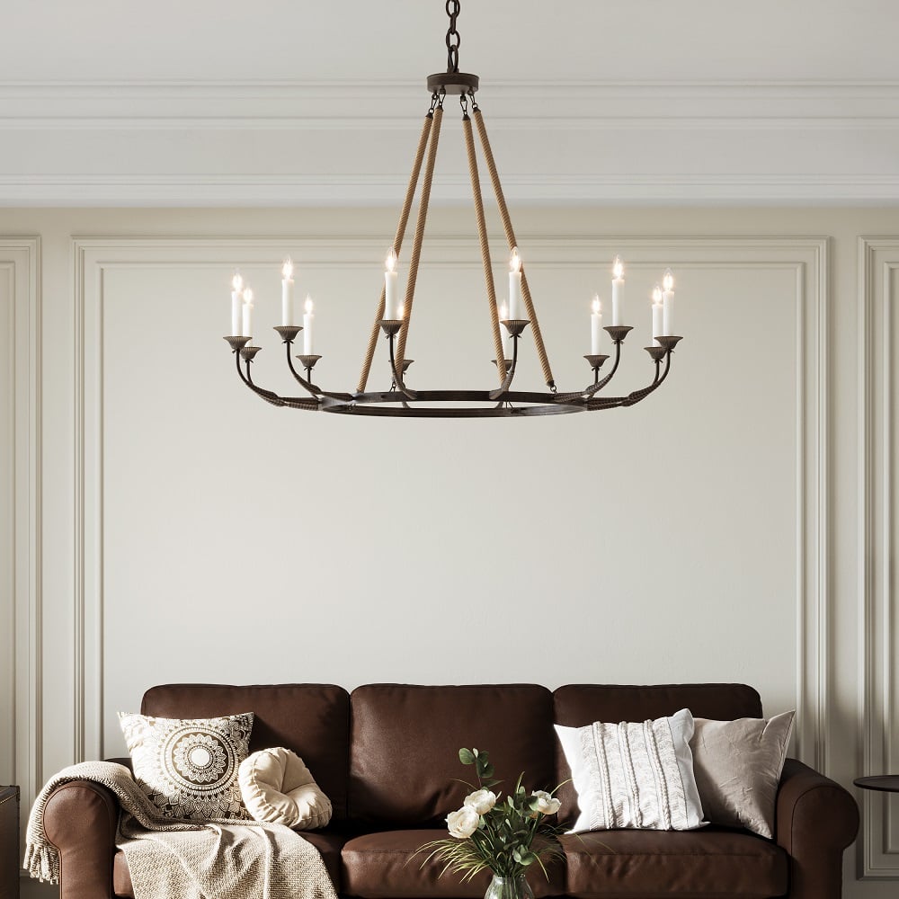 HMR - Candlely Hemp Rope and Metal 8-Light Round Chandelier in Rust