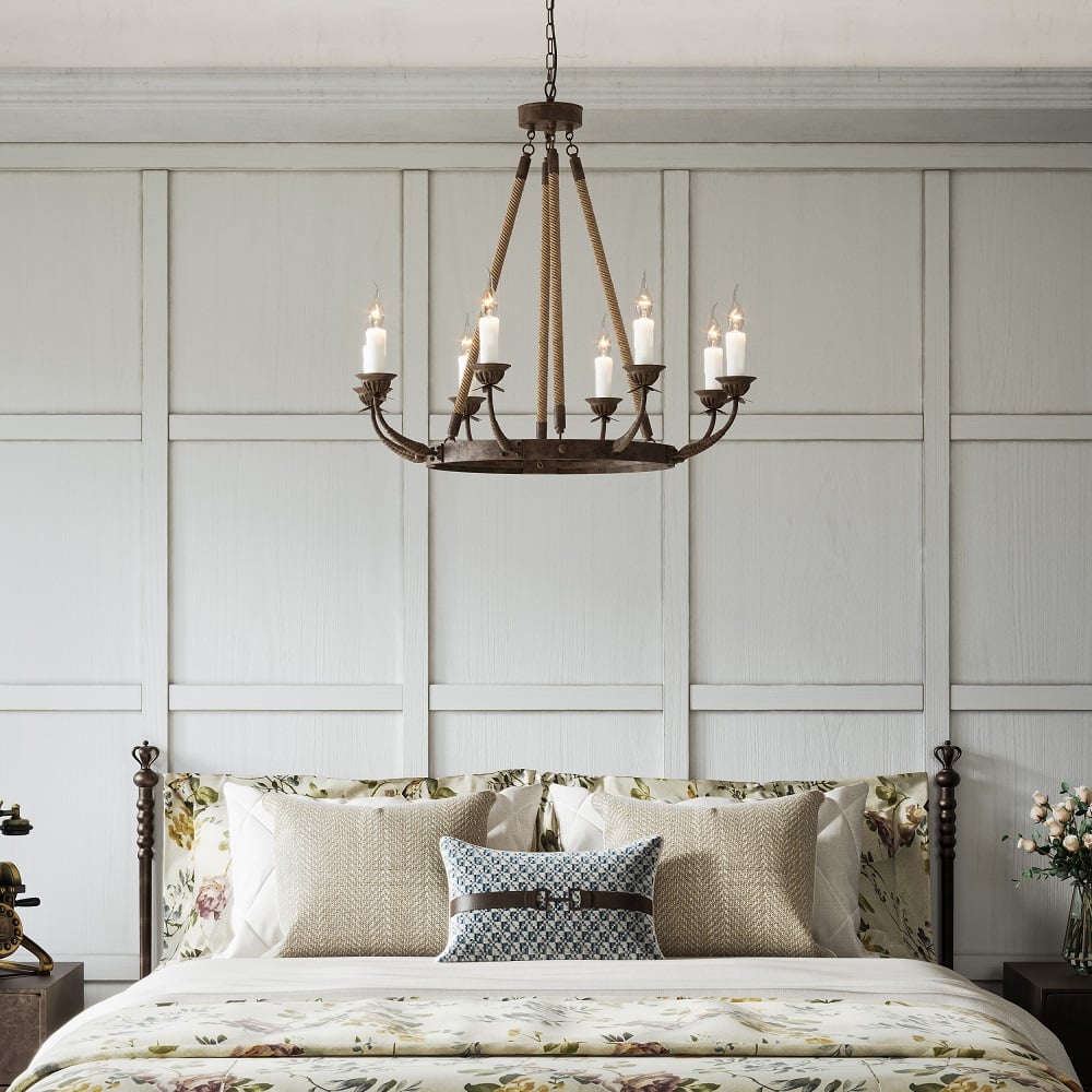 HMR - Candlely Hemp Rope and Metal 8-Light Round Chandelier in Rust
