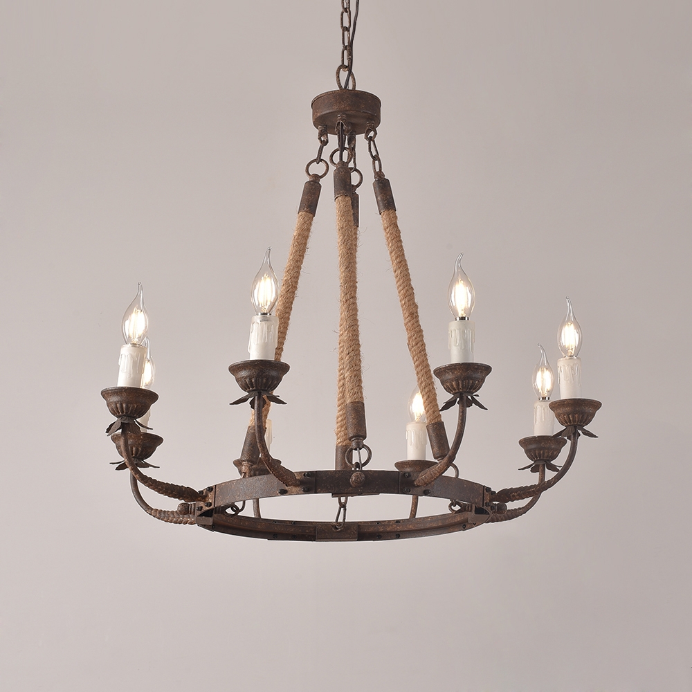 HMR - Candlely Hemp Rope and Metal 8-Light Round Chandelier in Rust