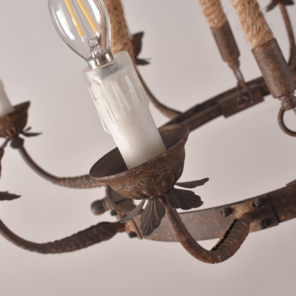 HMR - Candlely Hemp Rope and Metal 8-Light Round Chandelier in Rust