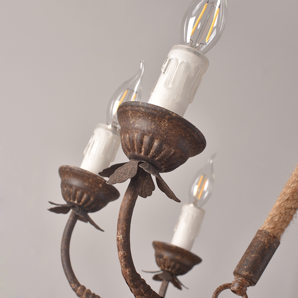 HMR - Candlely Hemp Rope and Metal 8-Light Round Chandelier in Rust